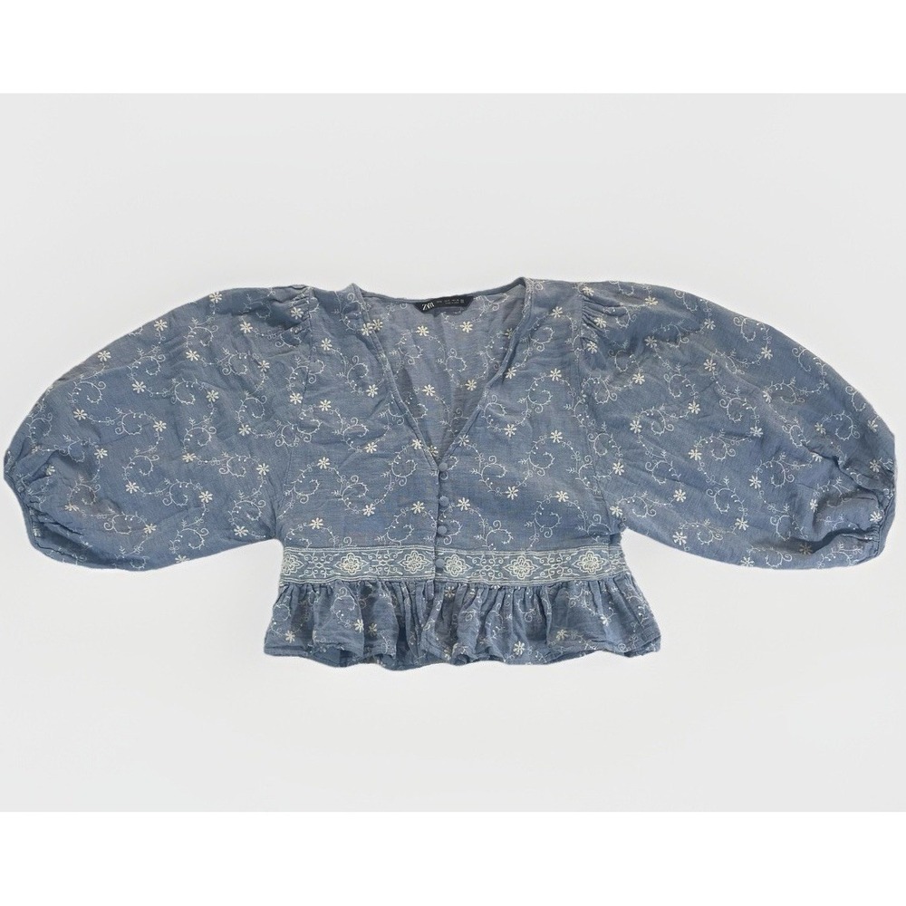 Zara Women's‎ Blue White Floral Crop Top Ruffle S Boho Cottage Fairy Festival